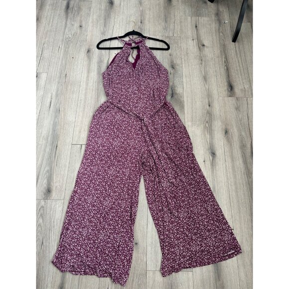 Maeve Anthropologie Halter wide leg Jumpsuit Large Purple Floral Print sz Large - Picture 3 of 10
